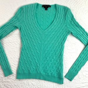 Ralph Lauren Black Label •S/M• slim fit cable knit V neck 100% cashmere sweater